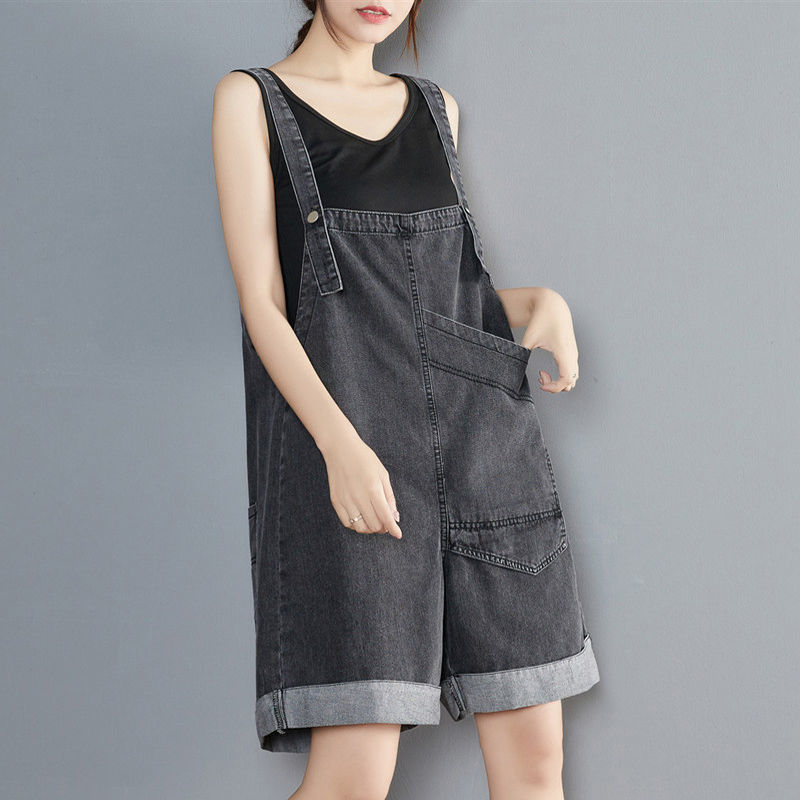 Double Sided Wear Suspender Trousers Big Pocket Jeans Braces Shorts Loose Cowboy Wide Leg Pants Women's Denim Overalls Jumpsuit