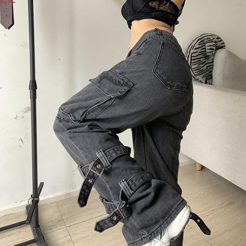 Retro Washed Button Lace Up High Waist Jeans Women Y2K Harajuku Street Trend Pocket Overalls Smoke Grey Thin Oversized Jeans