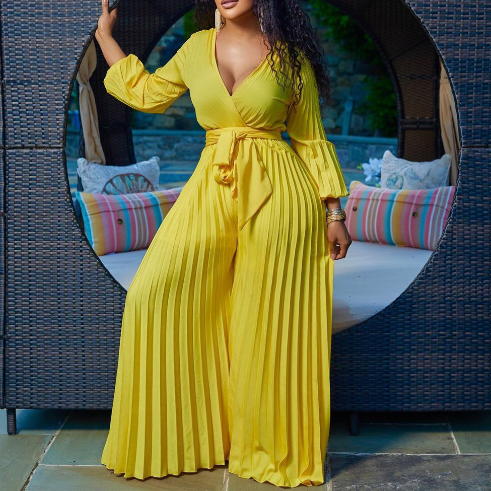 Plus Size Women Jumpsuit Autumn V Neck One Piece Outfit Casual Lady Ruffle Tracksuit Sexy Club Clothing   Loose Pants