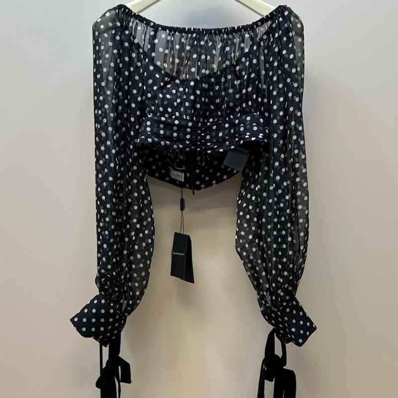 Women Square Collar Polka Dot Off Shoulder Pullover Top Long Sleeve Lace-up Design Crop Top  Streetwear Sexy Tee