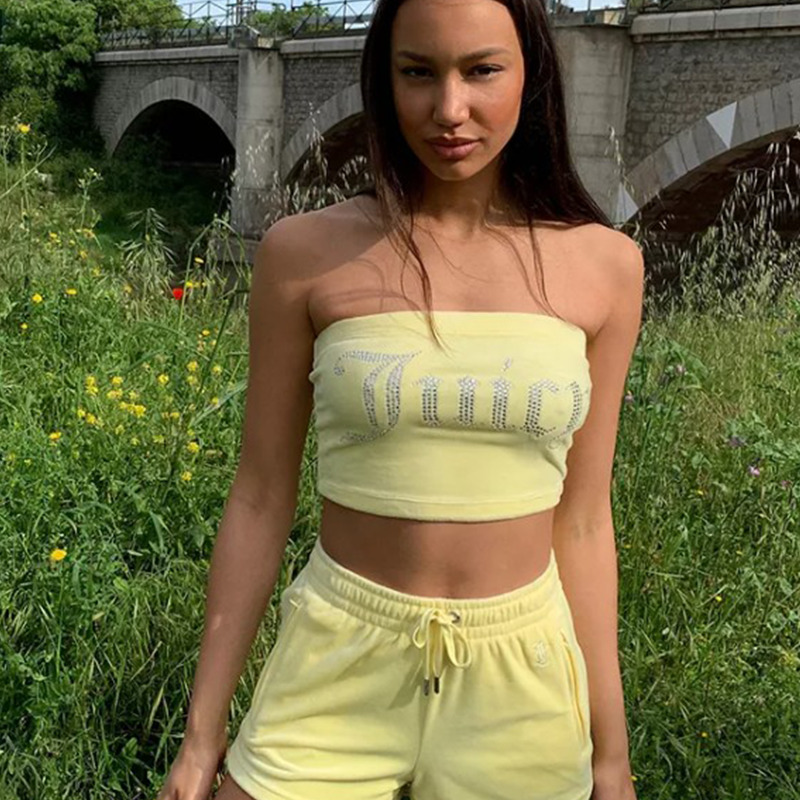 Juicy Apple Velvet 2 Pieces Sexy  Tube Crop Top Casual Drawstring Shorts Set Loose Women Summer Clothes Tracksuit