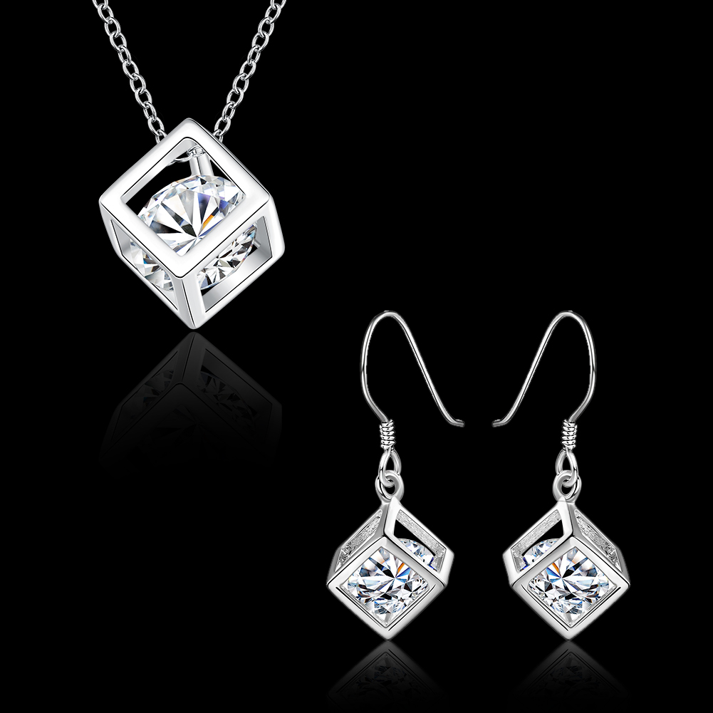  925 sterling  Silver ecklace earringsFine crystal lattice Pendant n for woman Jewelry sets  Party wedding gifts
