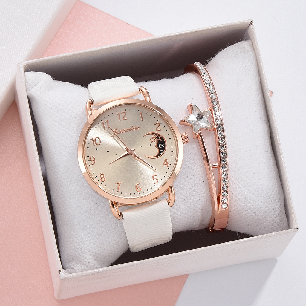 Women Watch Moon Numbers Dial Bracelet Watches Set Ladies Leather Band Quartz Wristwatch Women Female Clock Relogio Mujer 