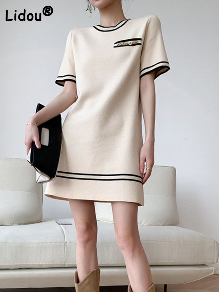 Summer Casual Loose Solid Color Dresses For Women  Short Sleeve Round Neck Female Clothing Vintage Straight Party Mini Dress