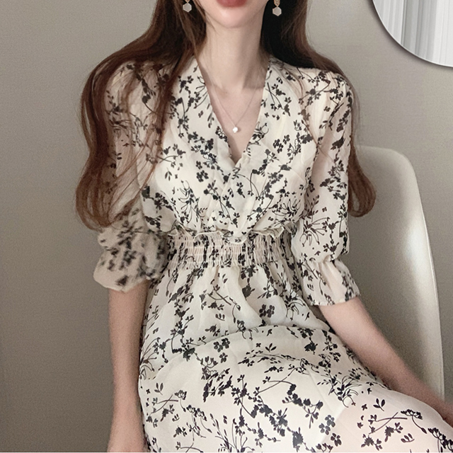 Vintage Korea  Clothing Summer Slim Elastic Waist A Line V Neck Elegant Office Lady Floral Chic Chiffon Long Dress Retro