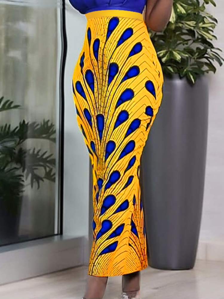 High Waist Skirts Printed Yellow Long Summer  Office Lady Evening Cocktail Club Party Femme Jupes Big Size Pencil Skirt