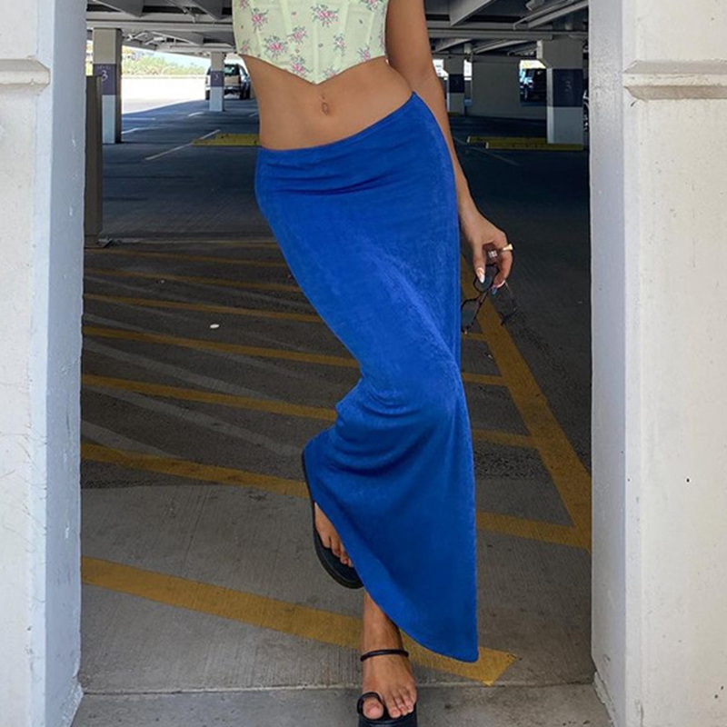 Y2K Vintage Bodycon Midi Skirt High Waist Skinny Women Caual Blue Green Pencil Skirts Elegant Lady  Streetwear Summer