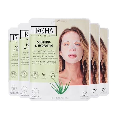 Aloe Vera Face Mask (Pack of 5) - Hydrating, Regenerating Skin Care, Vegan, Korean Beauty, Self Care, Facial Skincare with Hyaluronic Acid, Anti-Aging, Moisturizer, Personal Care Products