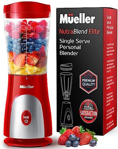 Mueller Personal Blender for Shakes and Smoothies with 15 Oz Travel Cup and Lid, Juices, Baby Food, Heavy-Duty Portable Blender & Food Processor, Red