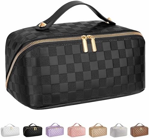 Large Capacity Travel Cosmetic Bag - Portable Makeup Bags for Women Waterproof PU Leather Checkered Makeup Organizer Bag with Dividers and Handle,Toiletry Bag for Cosmetics