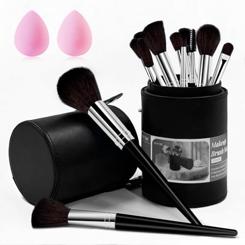 Makeup Brush Set, 14 Pcs Makeup Brushes with 2 Beauty Blenders, Travel Makeup Brush Set for Foundation, Concealer, Blush and Eyeshadow Brush(Black)