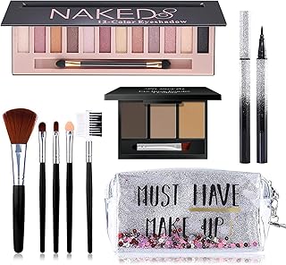 All in One Makeup Kit, Includes 12 Colors Naked Eyeshadow Palette, 5Pcs Makeup Brushes, Waterproof Eyeliner Pencils, Eyebrow Powder and Quicksand Cosmetic Bag, Gift Set for Women, Girls & Teens