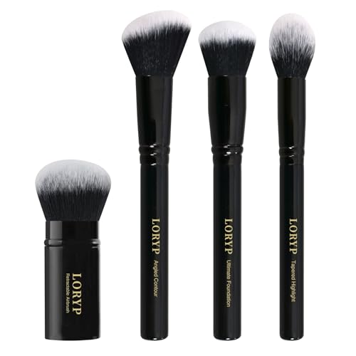 LORYP 4 Pcs Full Face Professional Makeup Brushes Set with Retractable Kabuki Airbrush For Powder,Liquid,Cream,Angled Blush Brush, Foundation Brush, Tapered Highlight Brush