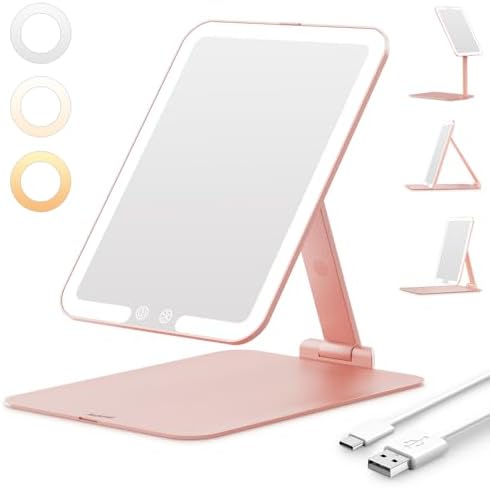 Foldable Makeup Mirror with 3 Dimmable Color Lights, USB Rechargeable Lighted Vanity Mirror with Touch Screen, Compact & Portable Ultrathin Desk Beauty Mirror for Travel Daily, Rose Gold