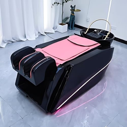 Massage Shampoo Bed-Shampoo Bed with Black Pink Modern Fashion Style, Massage Table and Head Spa Equipment and Beauty Bed Includes Pink Ambient Light, Water Heater, Fumigation