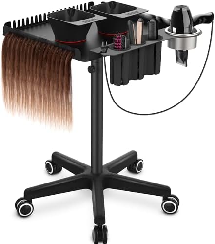 TASALON Rolling Salon Tray on Wheels, Metal Hairstylist Tray Rolling Cart for Hair Salon Station with 2 Magnetic Hair Color Bowls, Salon Trolley Cart with Holder and Hair Separator Stand