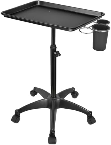 JOSTZHXIN Salon Rolling Tray, Tattoo Tray Rolling Cart, Height Adjustable Styling Tray, Service Storage Tray Trolley for Beauty Salon Clinic Spa,Black-with Cup Holder