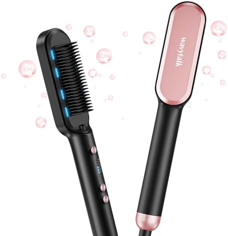 Wavytalk Hair Straightener Brush, Ionic Hair Straightening Brush with 6 Temperature Adjust, Anti-Scald Ceramic Hair Straightener Comb Fast Heating for Home Salon, Dual Voltage, Rose Gold.