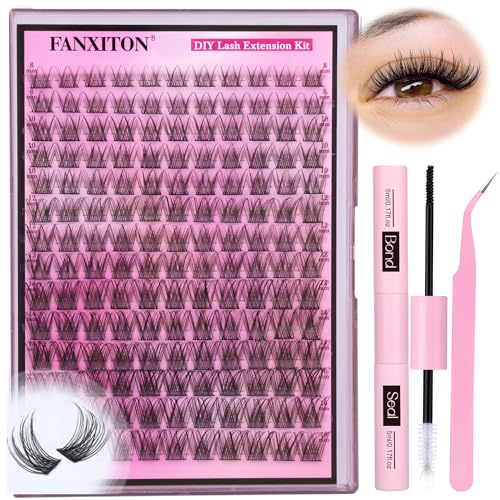 DIY Lash Extension Kit Natural Look Wispy Lash Clusters D Curl 154 pcs Lashes Clusters 8-16 mm Eyelash Extension Kit Lash Bond and Seal Lash Tweezers Individual Lashes Lash Cluster Kit For Beginners
