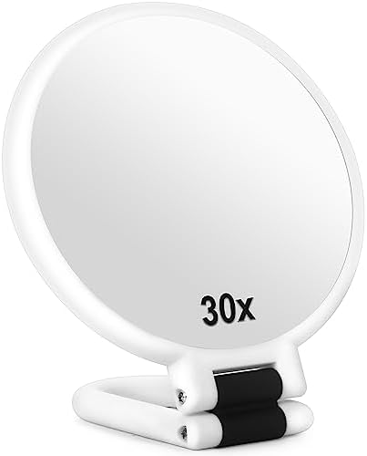 30x Magnifying Mirror, Travel Hand Mirrors with Handle - Double Side Handheld Mirror with 1X 30X Magnification & Adjustable Handle, Hand Held Foldable Travel Mirror for Makeup(Pearl White)