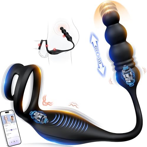 Prostate Massager Vibrating Cock Ring Anal Plug - Prostate Vibrator Adult Toys Anal Toys Vibrating Butt Plug with App Remote Control 10 Vibrating Thrusting Modes, Anal Sex Toys for Men Couple Game