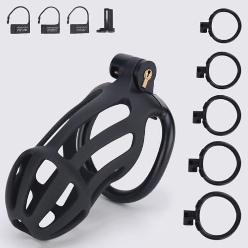 Male Chastity Cage, Large Chastity Device with 5 Sizes Rings and Invisible Lock for Man Penis Exercise Bondage Gear & Accessories Lightweight Adult Sex Toys (Large Size - Black)