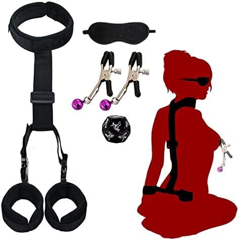 Sex Bondage BDSM, Adjustable Behind Back Handcuffs Collar with Blindfold Nipple Clamp Anti-Collar Bondage Sex Toys SM Adult Games Gear & Accessories.(Nylon)