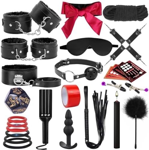 Sex Bondage BDSM Kit Restraints Sex Toys with Adjustable Handcuffs Ankle Cuff Thigh Cuffs Blindfold Adult Games Sex Toy for Men Women and Couples (Blcak, 23 Piece Set)