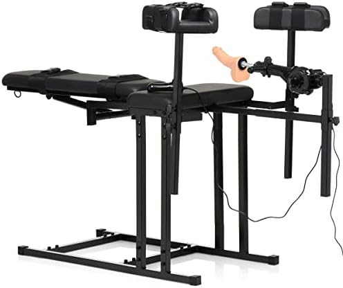 MASTER SERIES Ultimate Fully Adjustable Obedience Chair with Sex Machine Included for Men Women & Couples, Durable Frame D-Rings & Quick Release Straps, 4 Piece Set - Black