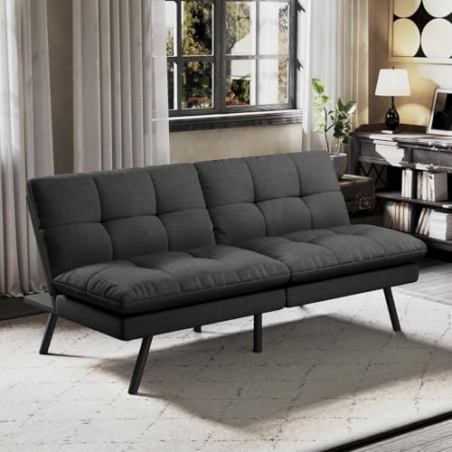 Futon Sofa Bed- 68" Modern Convertible Futon Couch Bed Split-Back Loveseat Sleeper Sofa Bed with Premium Memory Foam, Space-Saving Design Recliner Couches for Living Room, Dark Grey