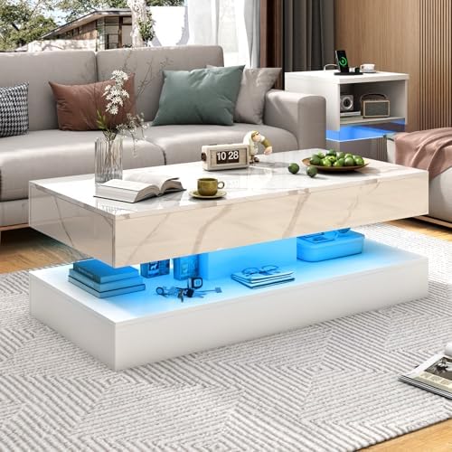 47inch Large High-Glossy LED Coffee Table with 2 Sliding Drawers, Living Room Storage Tables with Marbling Print, Modern Stylish Double-Layer Center Tables w/LED Lights, White