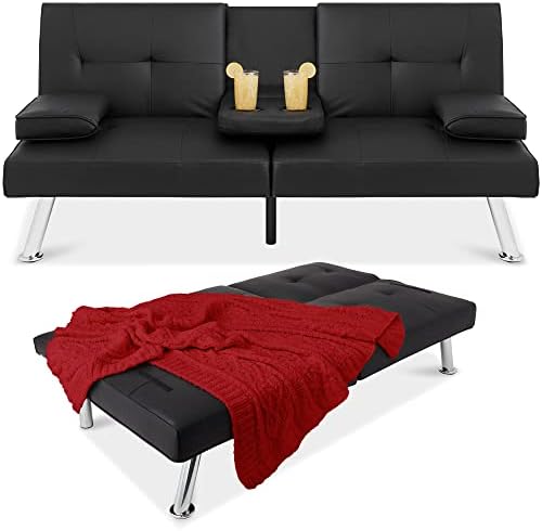 Best Choice Products Faux Leather Upholstered Modern Convertible Futon, Adjustable Folding Sofa Bed, Guest Bed w/Removable Armrests - Black