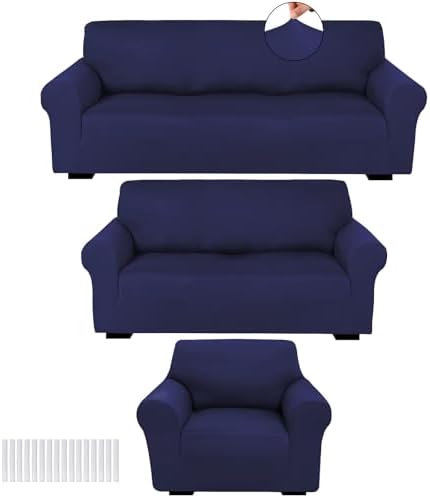 Peryiter 3 Pcs Slipcover Set for Couch Furniture Covers for Sofa Loveseat Couch Arm Chair, Form Fit Stretch, Wrinkle Free, Furniture Protector(Navy Blue,Milk Silk Spandex)