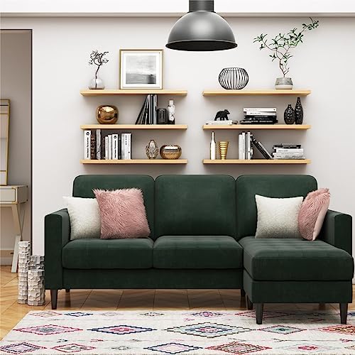 CosmoLiving by Cosmopolitan Strummer Modern Reversible Sectional Couch Upholstered in Green Velvet Fabric with Floating Ottoman