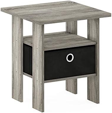 Furinno Andrey End Table / Side Table / Night Stand / Bedside Table with Bin Drawer, French Oak Grey/Black