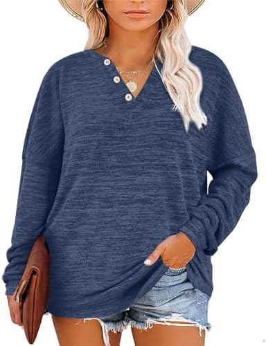 Gloria&Sarah Womens Long Sleeve Henley Shirts Fall Fashion V Neck Sweatshirts Oversized Tunic Sweaters Plus Size Tops L-4XL
