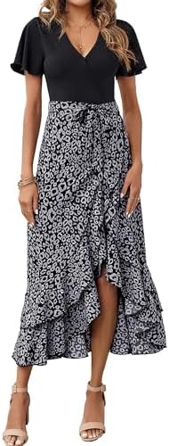 BTFBM Women Maxi Summer Dresses 2024 Short Sleeve V Neck Boho Floral Print Belted High Low Ruffle Cocktail Party Dress