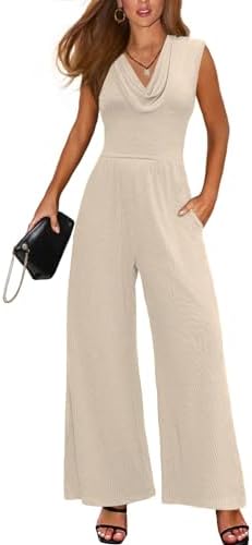 Dokotoo Women's Casual Loose Jumpsuits One Piece Sleeveless Wrap V Neck Wide Leg Long Pant Rompers with Pockets