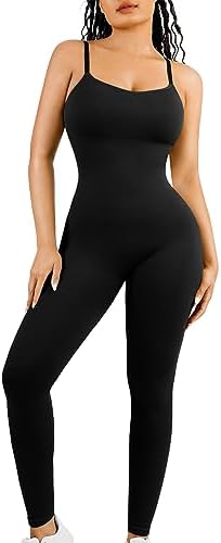 FeelinGirl Jumpsuits for Women One Piece Spaghetti Straps Scoop Neck Bodycon Seamless Ribbed Casual Workout Romper Playsuit