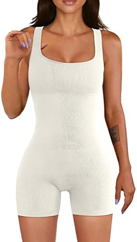 Women Yoga Romper Workout Ribbed Square Neck One Piece Seamless Tank Top Jumpsuit