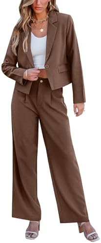 luvamia Suits for Women 2 Piece Sets Business Casual Outfits Dressy Cropped Blazer Wide Leg Pants Suit Office Work