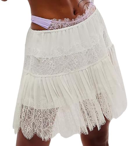 Women Y2k Lace Mini Skirts Summer Lace Slip Skirt Pleated Ruffle Floral Lace Tiered Short Skirts Underskirt