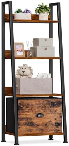 Furologee 4-Tier Ladder Shelf, Ladder Bookshelf with Removable Drawer, Rustic Bookcase Storage Rack Organizer, Wood Metal Freestanding Storage Shelves for Living Room, Home Office, Bedroom, Kitchen