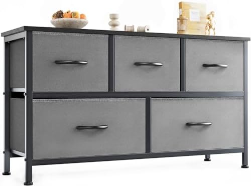 OLIXIS Dresser Storage with 5 Organizer Closet Chest Small Clothes Fabric Cabinet Kids Furniture Drawer Binis, Nightstand for Bedroom, Living Room, Nursery, Entryway, 11.87"D x 38"W x 20.87"H, Grey