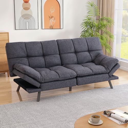 Memory Foam Futon Sofa Bed Couch,Linen Fabric Convertible Futon Sofa Couch,Loveseat Sleeper Sofa Bed,Small Splitback Modern Sofa Bed for Living Room,Office,Apartment,Deep Grey