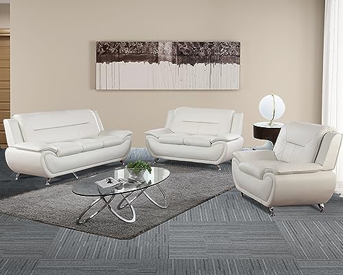 3 Piece Living Room Furniture Set, Leather Sofa Set for Living Room, Modern Couch Set with 3-Seater Sofa, Lovesat and Armchair (Cream White)