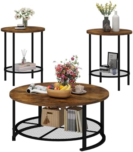 Recaceik Coffee Table Set, Coffee Table & Two End Side Table, Modern 3-Piece Living Room Table Set for Office, Living Room, Apartment, Small Space, Easy Assembly Furniture, Rustic Brown