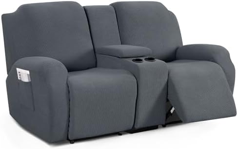 TAOCOCO Recliner Loveseat Cover with Middle Console Sofa slipcover, Stretch Reclining Sofa Covers for 2 Seat Reclining Couch, Jacquard Pattern Soft Loveseat Slipcover Furniture Protector, Grey