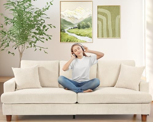 87in Beige White Sofa, Couches for Living Room 21in Extra Deep Seats, Comfy Corduroy Sofas for Living Room No Tool Assembly, Modern Oversized Love Seat with 2 Pillows, Sofa Couch for Bedroom