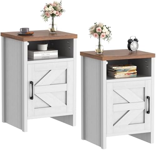 JUMMICO Farmhouse Nightstand, Modern Bedside Table with Barn Door and Shelf, Rustic End Table Side Table for Bedroom, Living Room (2, White)